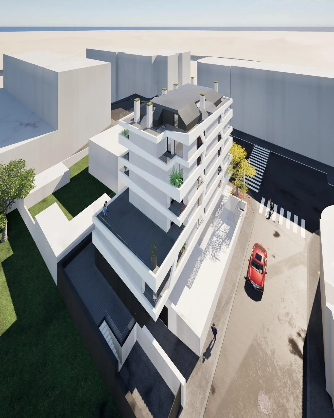 Vista aérea do projeto Esmeralda, mostrando os terraços recuados da cobertura