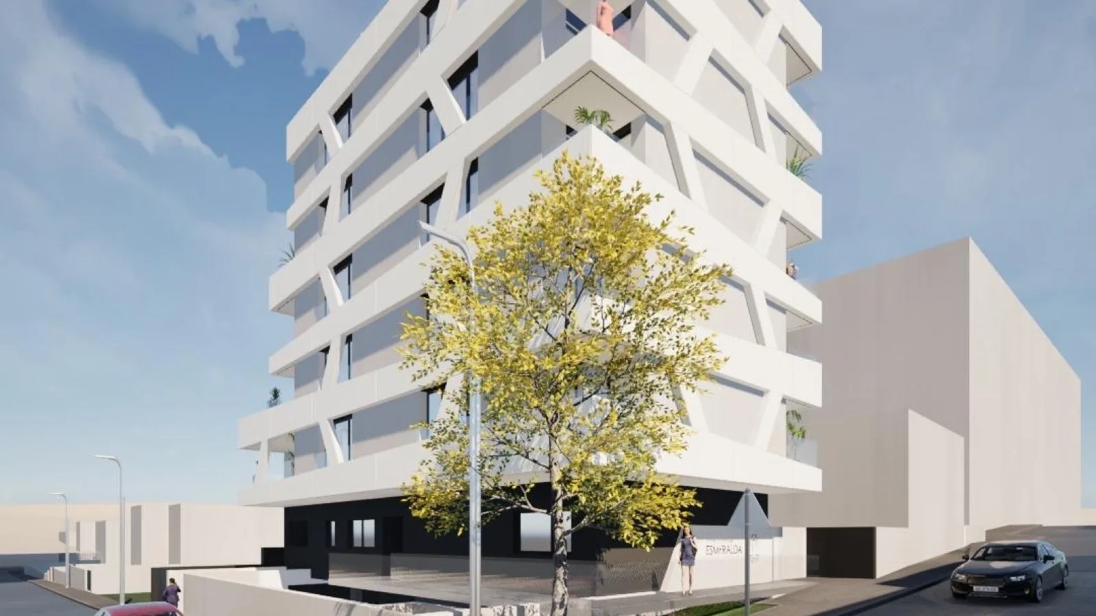 Fachada da Esmeralda, com as molduras diagonais em betão branco
