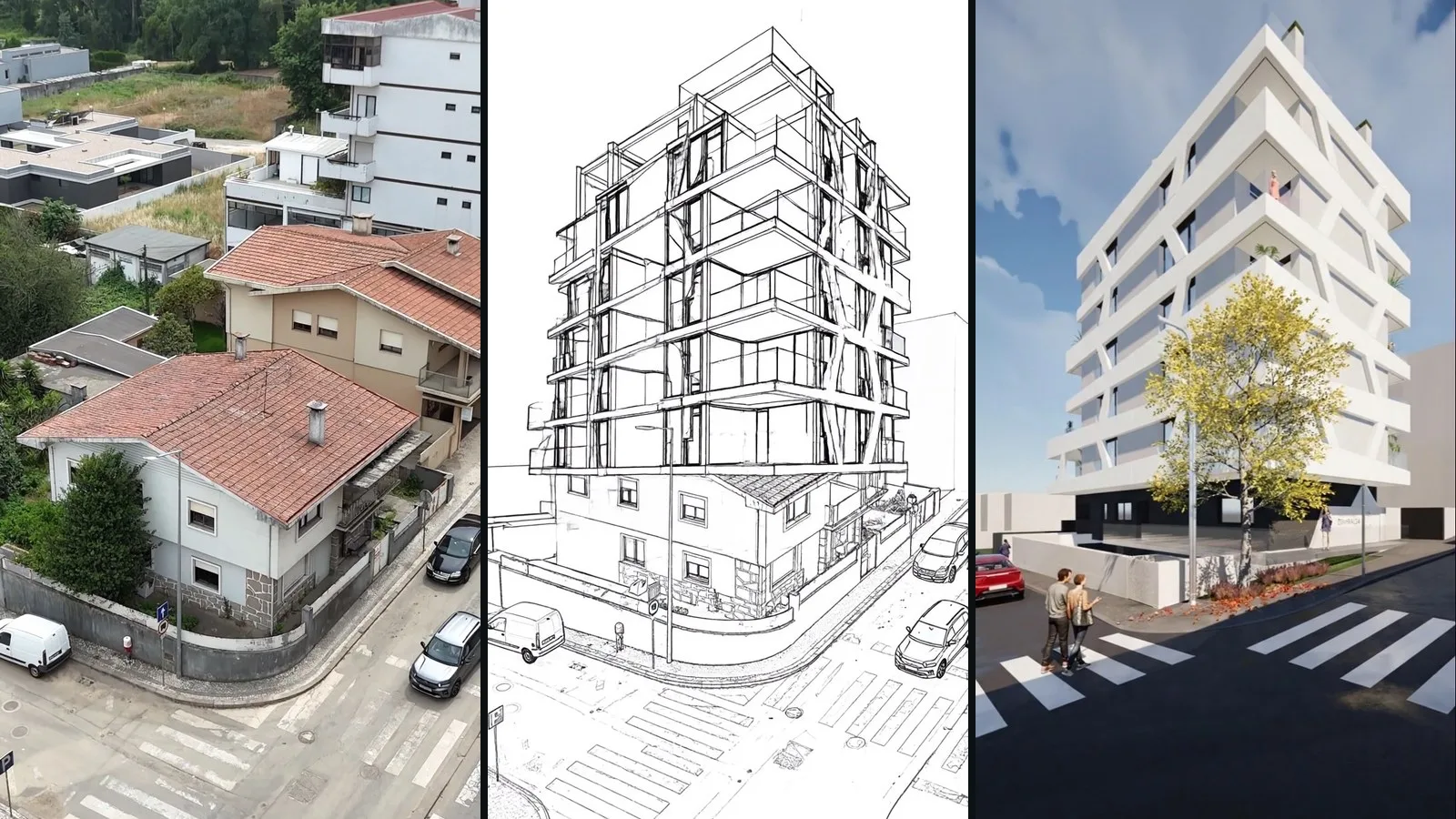 A mesma esquina três vezes: a fotografia aérea de hoje, o desenho do arquiteto e o render da Esmeralda
