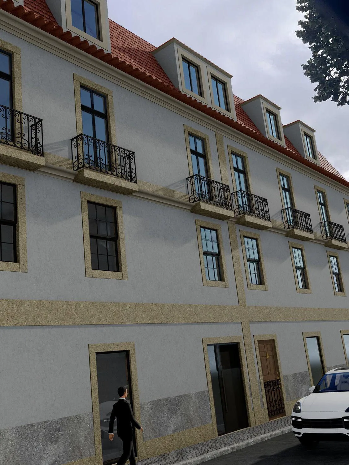 Fachada reabilitada, render com cantaria, telhado cerâmico, varandas em ferro forjado
